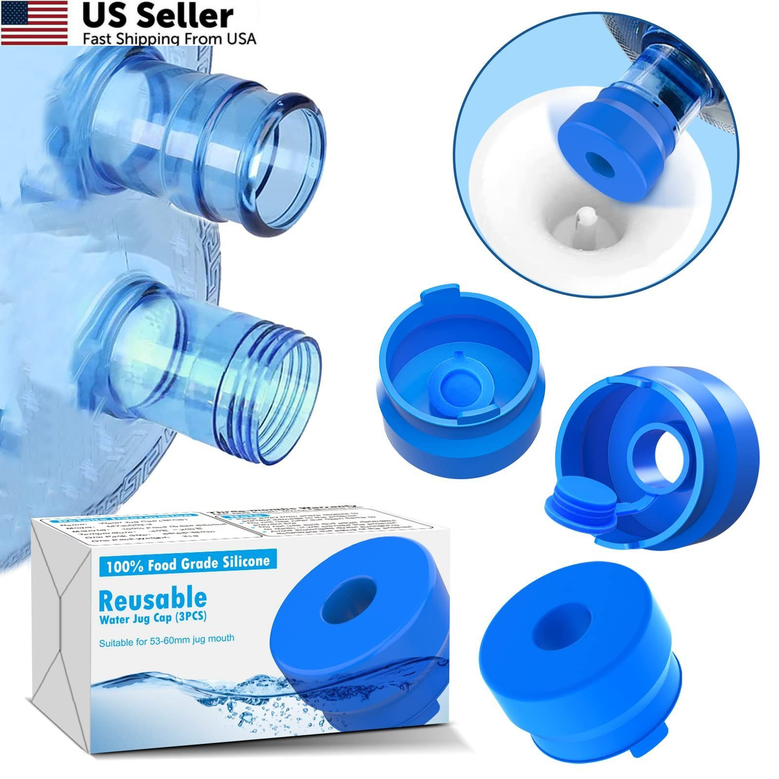 MYLOLF 3 & 5 Gallon Water Jug Cap, 3 Pack Reusable Food Grade Silicone Blue