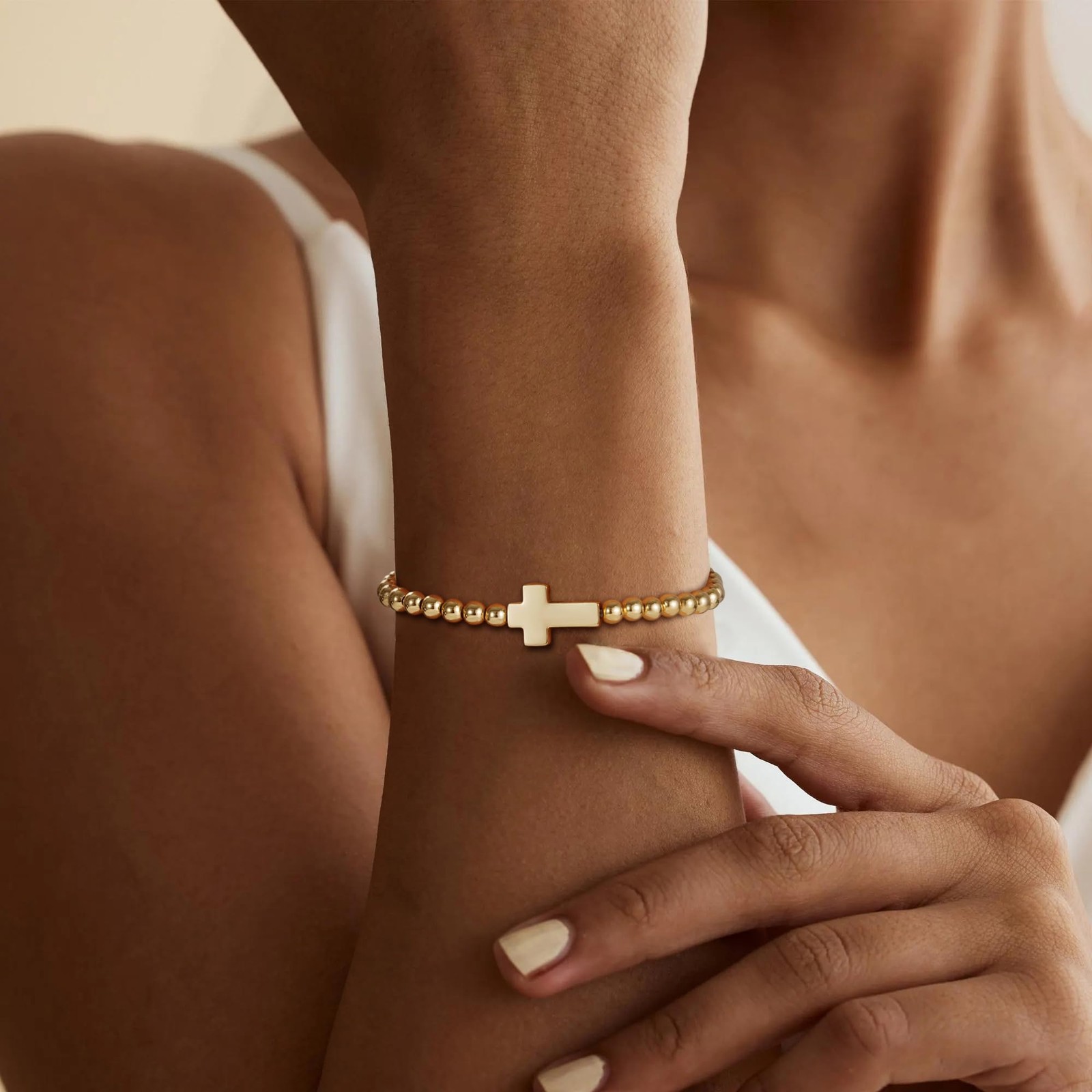 Enewton Cross Bracelets for Women, 14K Gold Plated Beaded Bracelet Non Tarnish T