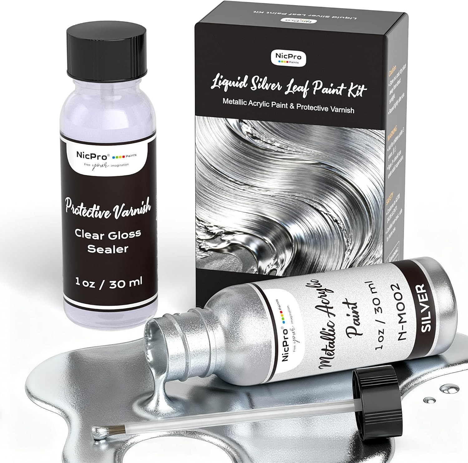 Nicpro Liquid Silver Leaf Paint Kit (2 × 1oz/30ml), Metallic Silver Acrylic Pai