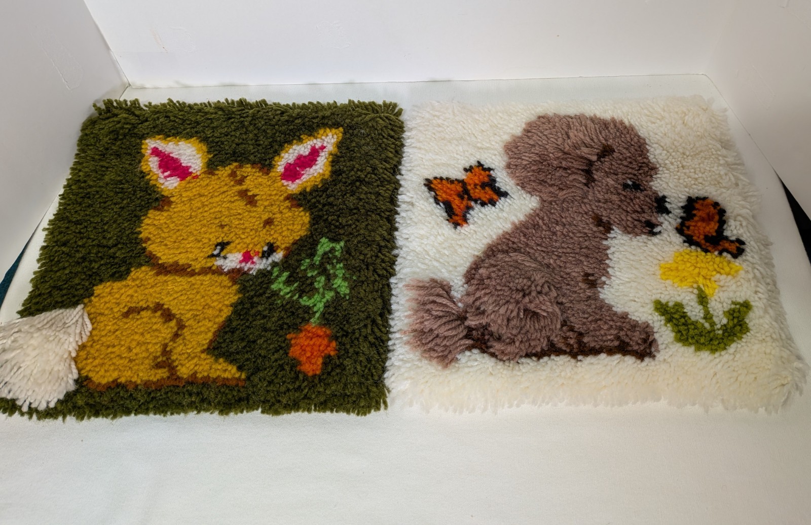 Two Vintage 1980s Latch Hook 12″ Squares – Puppy w/Butterflies & Rabbit w/Carrot