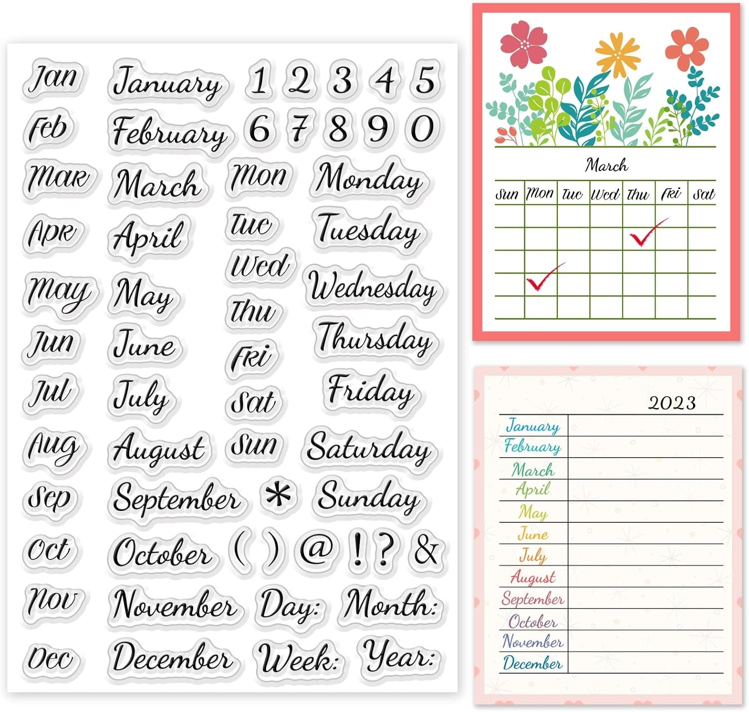 Calendar Clear Stamps for Card Making Date Number Rubber Stamps Week Silico…