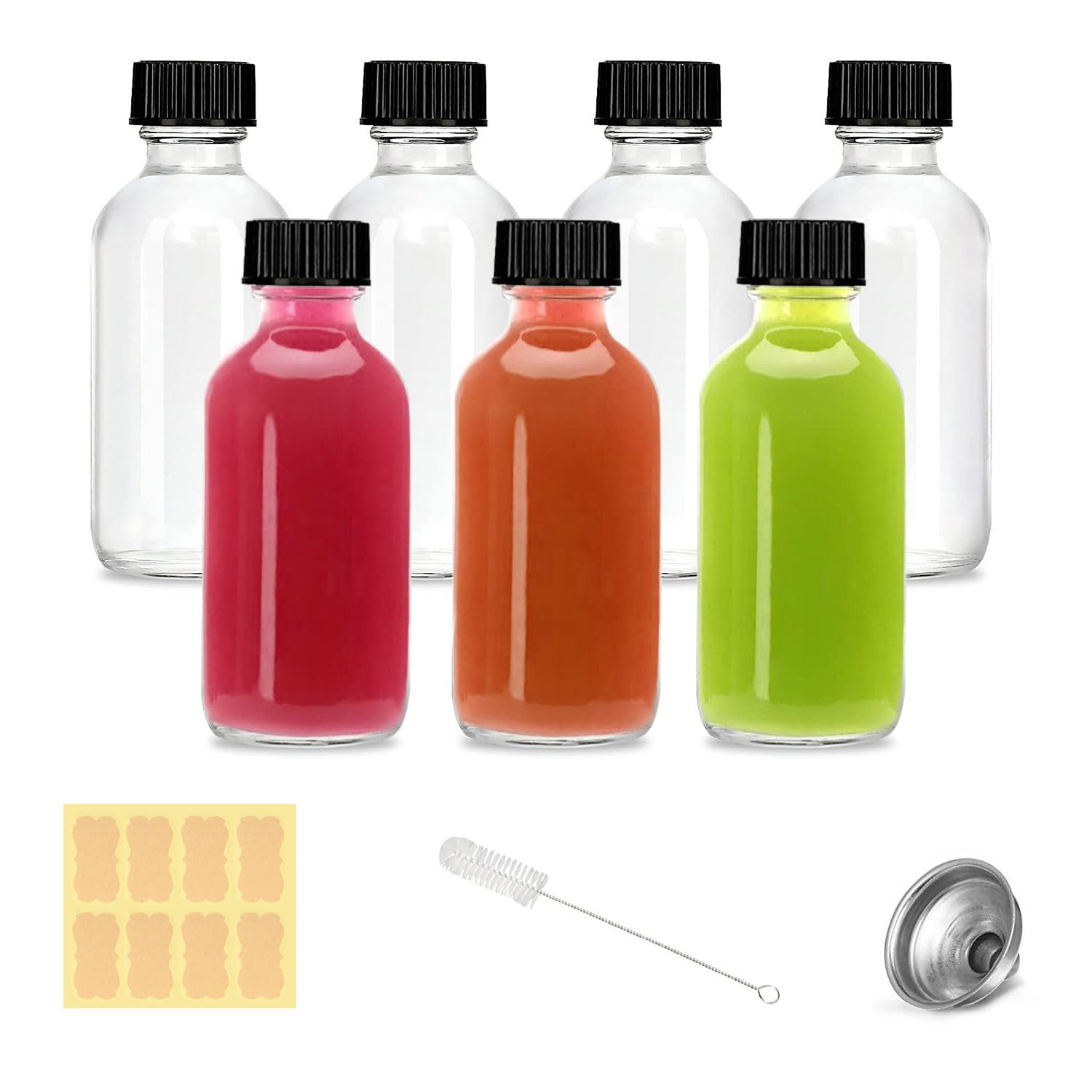 2Oz Small Clear Glass Bottles with Lids – 7 Pack Shot Bottles with Caps for Ging