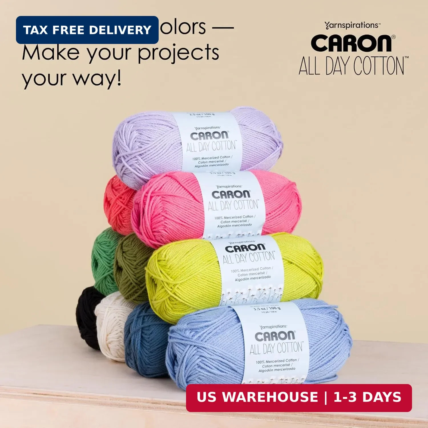 Caron All Day Cotton – 3 Pack of 173 Yards/3.52 oz Eyes Blue 100% Mercerized Cot