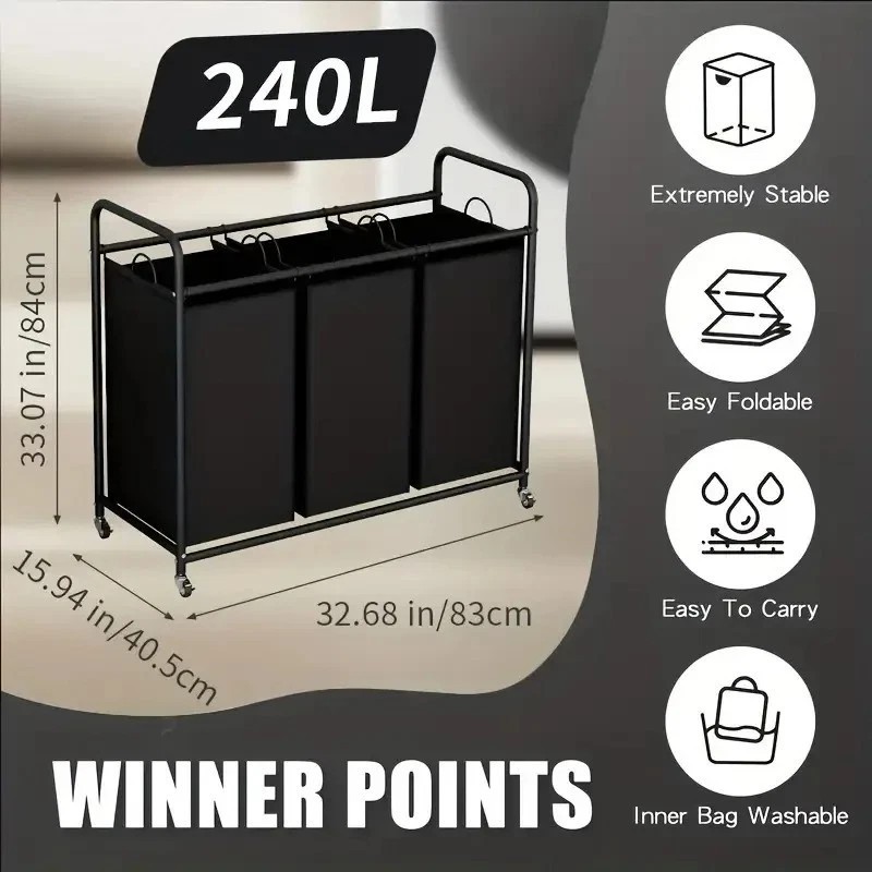 3-Bag Rolling Laundry Sorter Hamper, 63.4-Gallon Heavy-Duty Laundry Cart