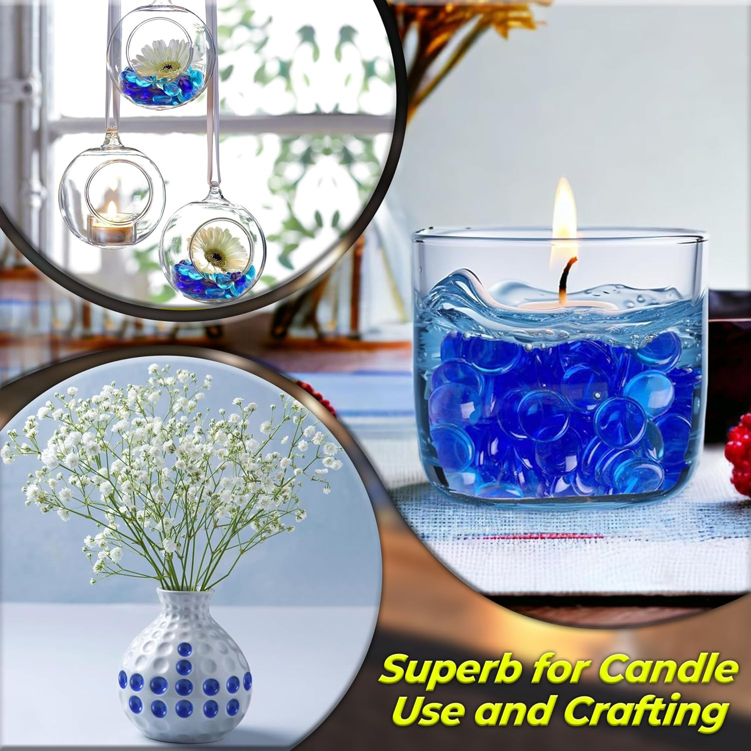 1LB Blue Flat Glass Marbles, Beads for Vase Filler – Decorative Glass