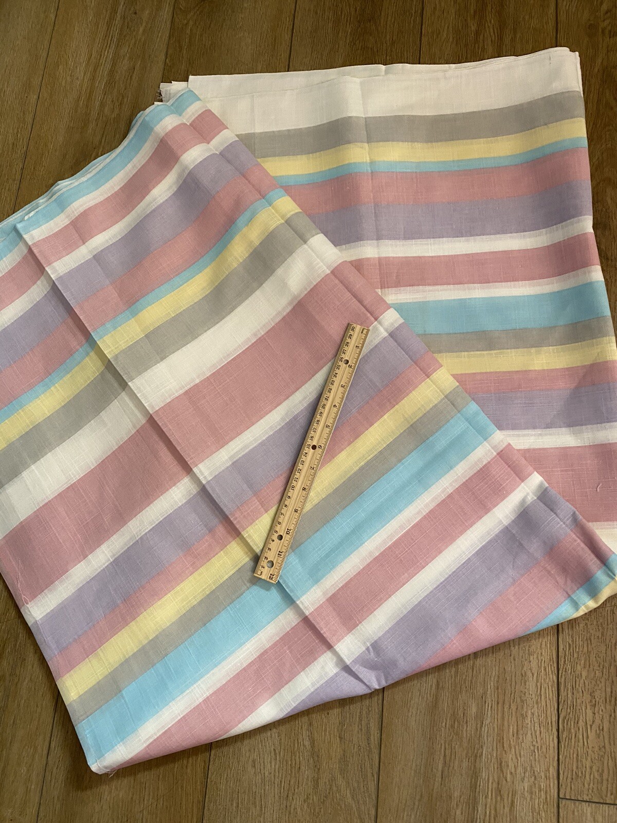 VTG WIDE Pastel Stripe Purple Yellow Pink Cotton Fabric Linen Texture 58″W BTY