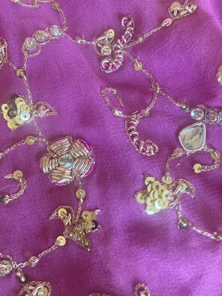 Vintage Indian Orchid Lavender Scarf Zardozi Gold Sequin Kundan Dupatta 100×44