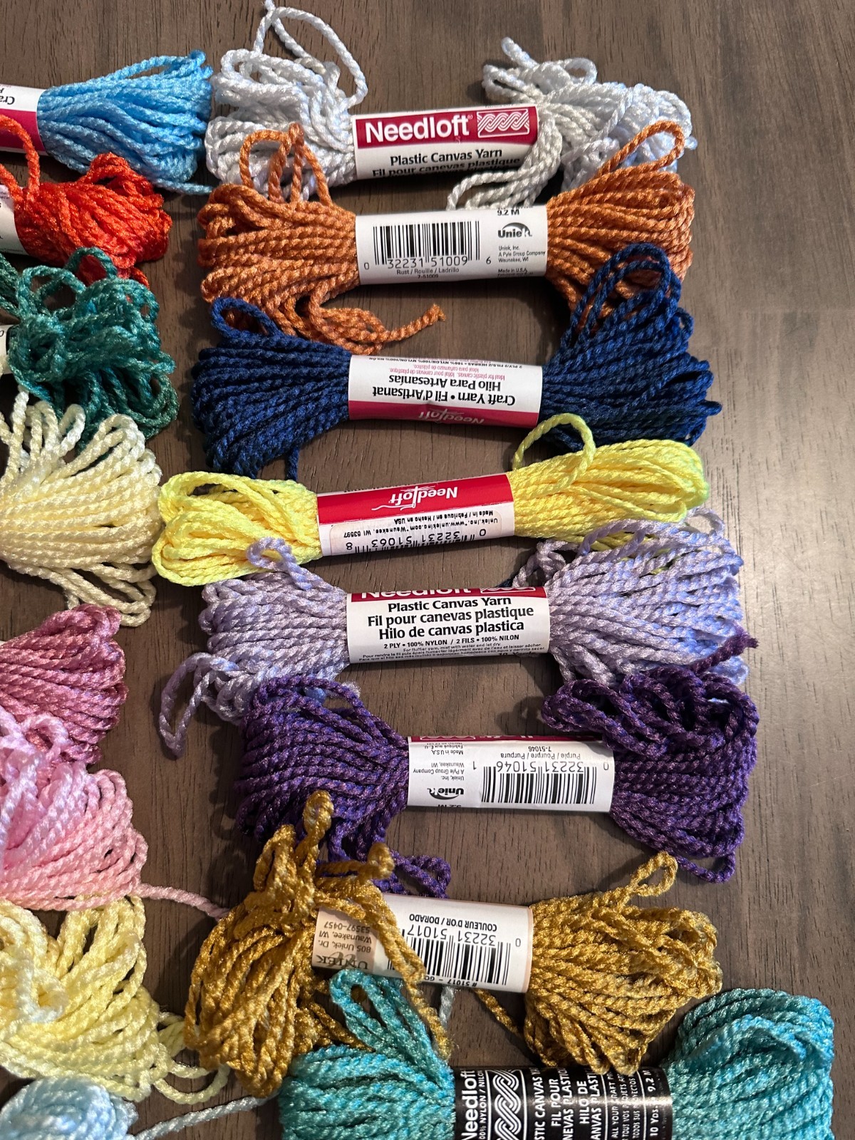 Needloft Plastic Canvas Yarn – Lot of 19 – Mixed Colors – 10 yd each.