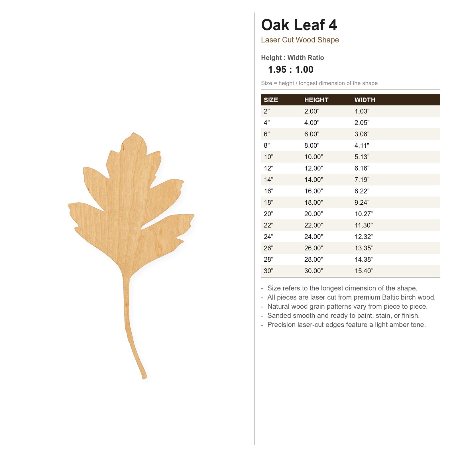 Oak Leaf 4 Wood Cutout for Crafts, Unfinished Baltic Birch Craft Shape