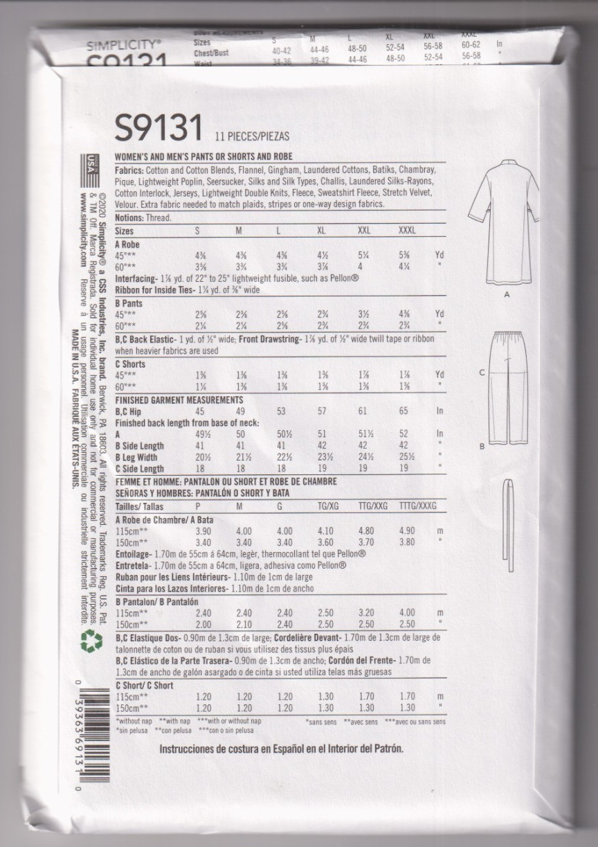 9131 SIMPLICITY – ROBE PANTS & SHORTS – UNISEX ADULT Sz XL to XXXL