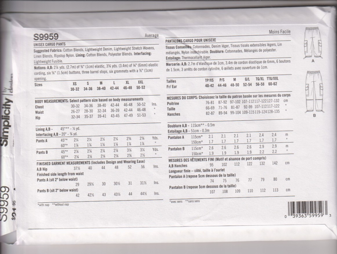 9959 SIMPLICITY – Cargo PANTS – UNISEX Adult Sz: XS to XXL