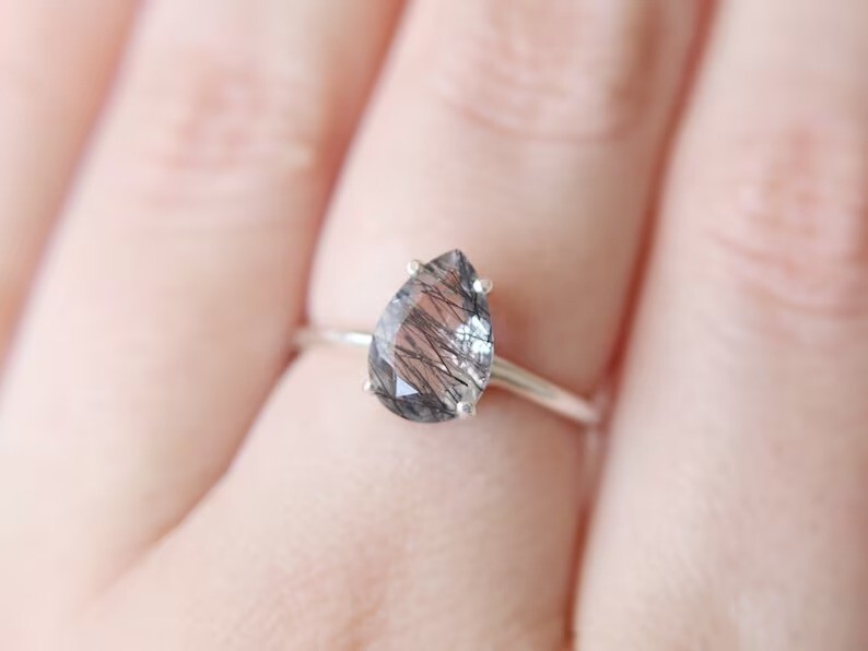 Pear Shaped Black Rutile Quartz Ring – Minimalist Silver Ring for Her