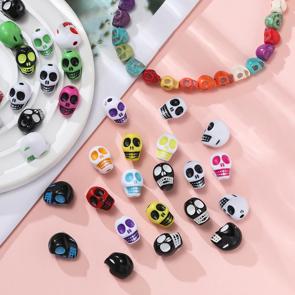 100Pcs Colorful Skull Shape Beads Acrylic Spacer Loose Bead for Halloween Earrin