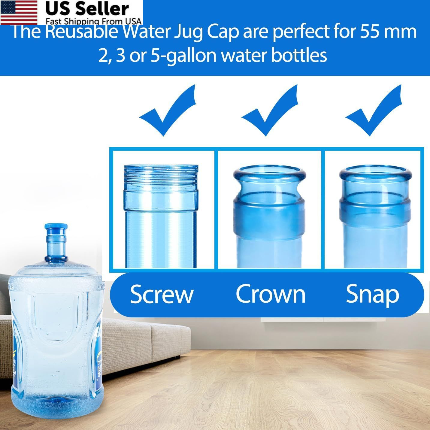 3 and 5 Gallon Water Jug Cap Reusable – Silicone Lid Blue-3 Pack