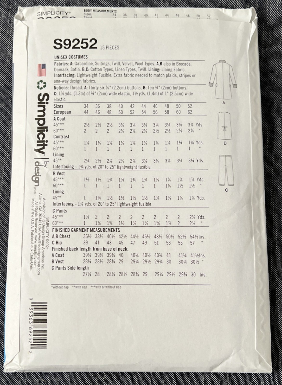 Simplicity Sewing Pattern S9252 Historical Costumes Unisex 44-52 Military Offcer