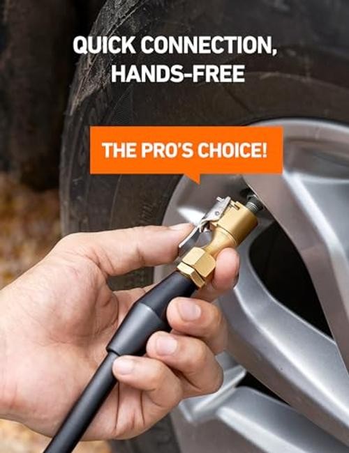Air Chuck, Heavy Duty Flow Lock On Tire Chuck with Clip for 2 Pack Closed