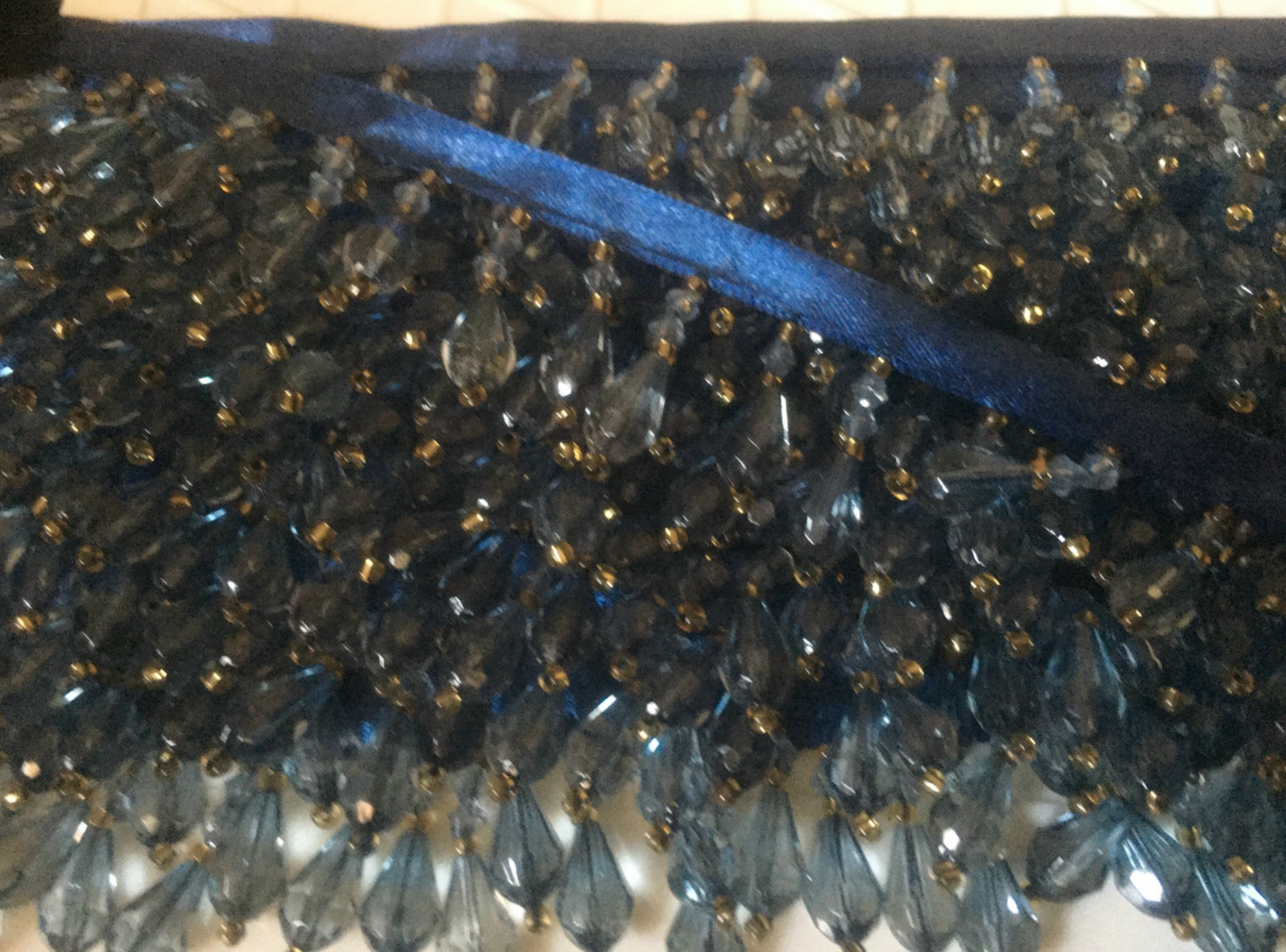 5 YARDS ROYAL BLUE BEADED FRINGE TRIM ON A .375″ SATIN RIBBON 1.125″ LONG