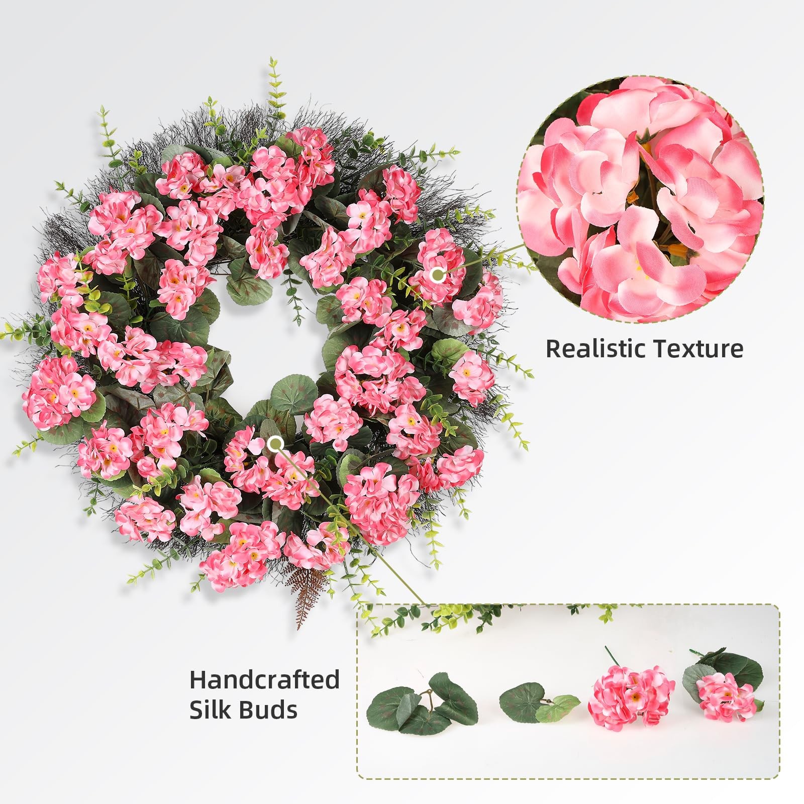 Kuimen Pink Artificial Geranium Wreath 22 Inch Spring Summer Wreaths For Front