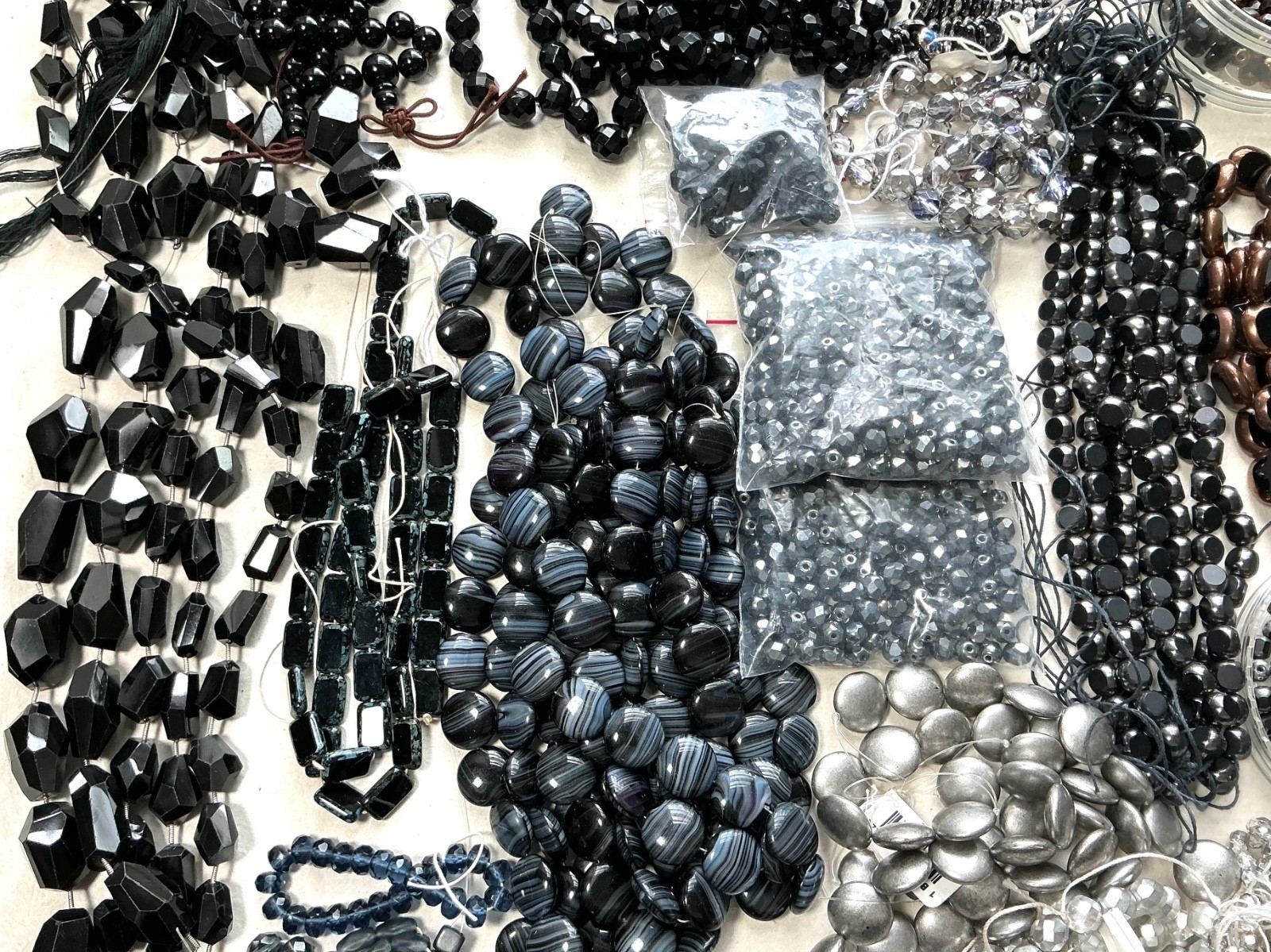 Czech Glass Bead Lot Black Silver Crystal Neutral Faceted Designer Strand Mix