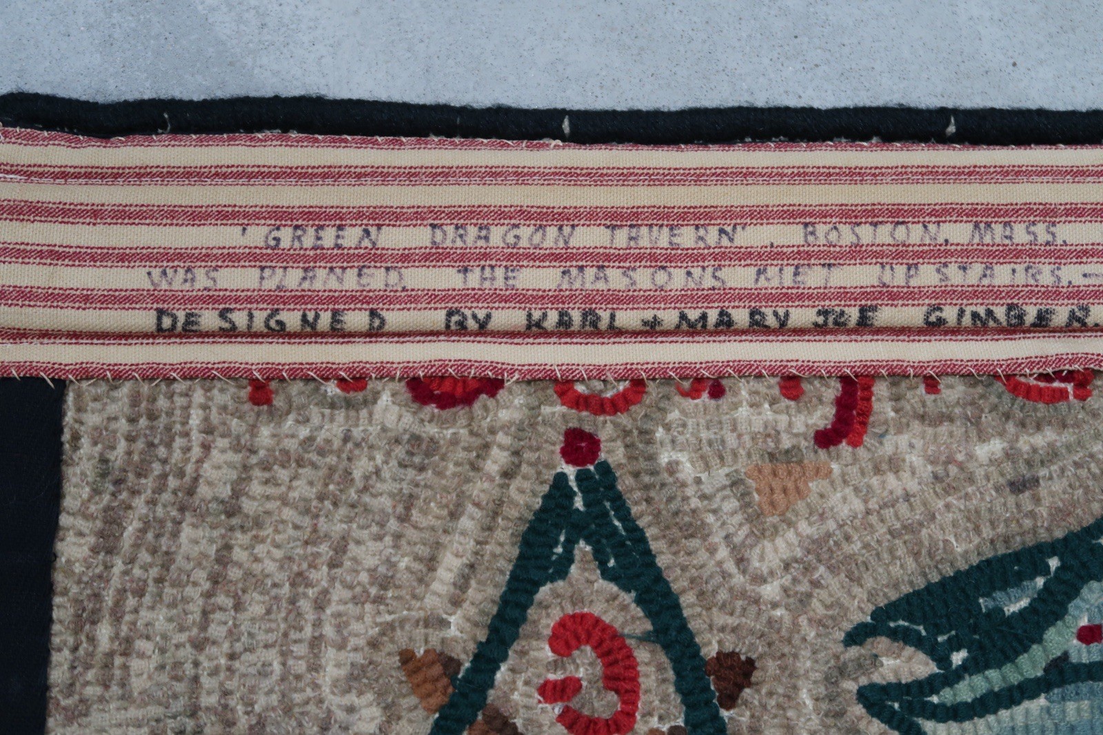 Hand Hooked Wool Rug Green Dragon Tavern Boston Tea Party Masonic Folk Art A3