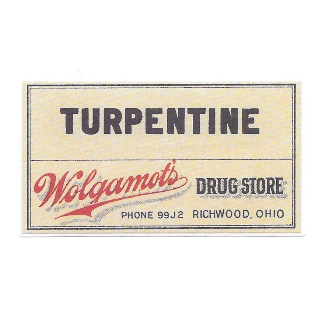 Vintage Turpentine Wolgarnot’s Drug Store Ohio Paper Sticker Decal Die Cut Retro