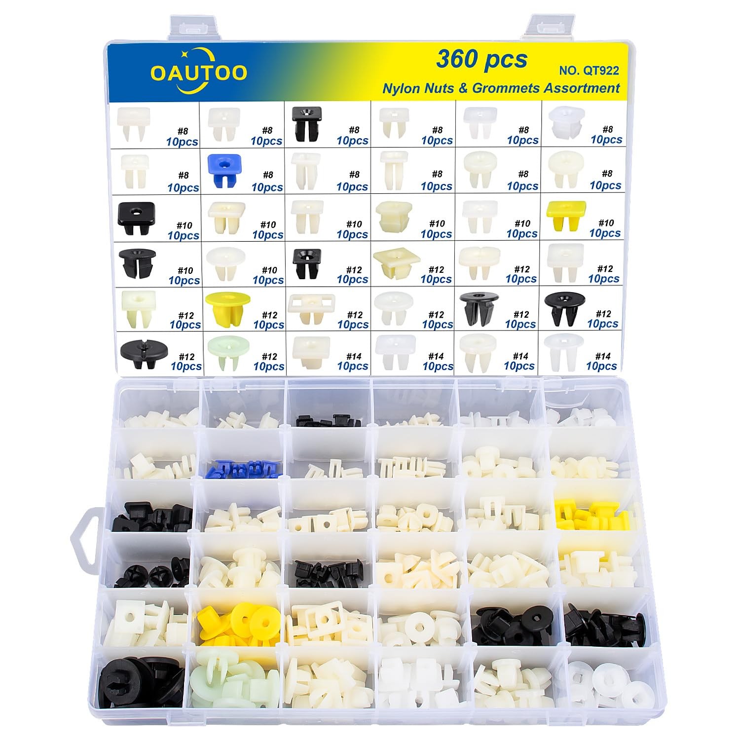 OAUTOO 360pcs Nylon Grommet Nut Assortment for Automotive 1/4-20, Multi-Color