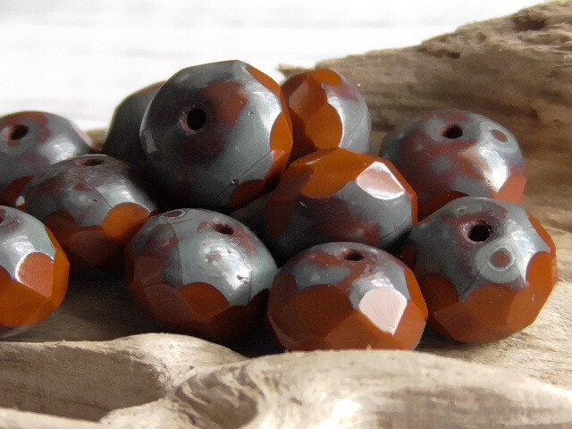 10 – 9x6mm CZECH TERRA COTTA BROWN PICASSO FACETED DONUT RONDELLE GLASS BEADS