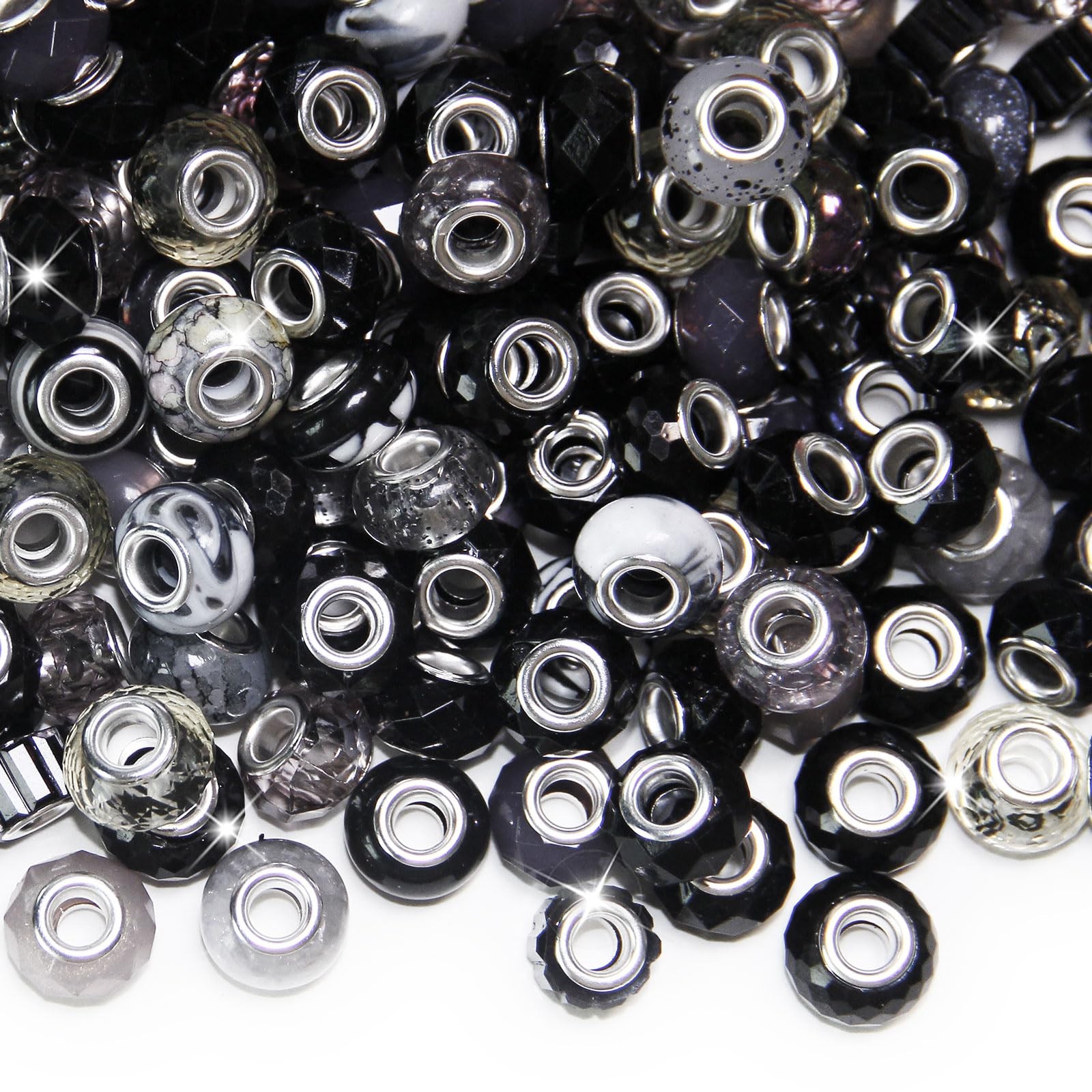 100 Pieces Large Hole Beads, Assorted European Craft Beads 100pcs, Black