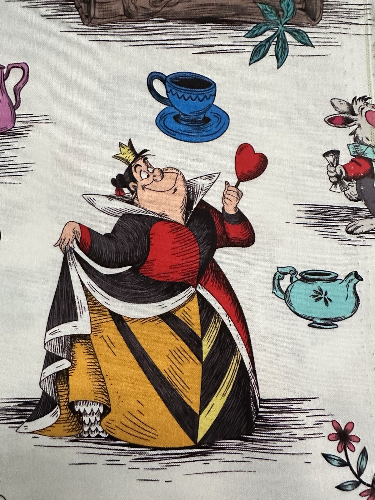 Alice Wonderland White Rabbit Queen/Hearts Mad Hatter Tea Pots Cat 1/3 Y Fabric