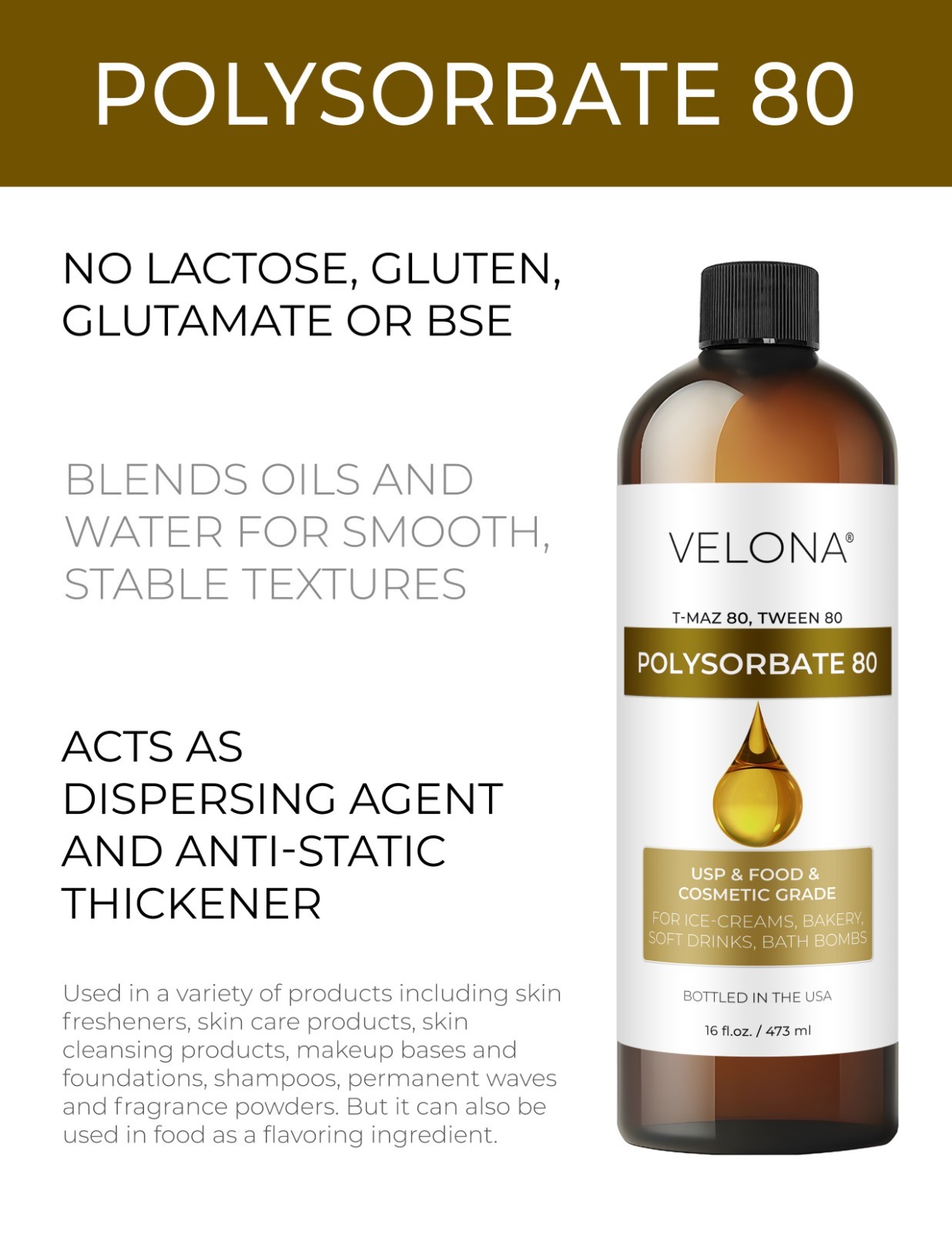 Polysorbate 80 by Velona – 32 oz Solubilizer, Food Cosmetic Grade Cooking, Bath