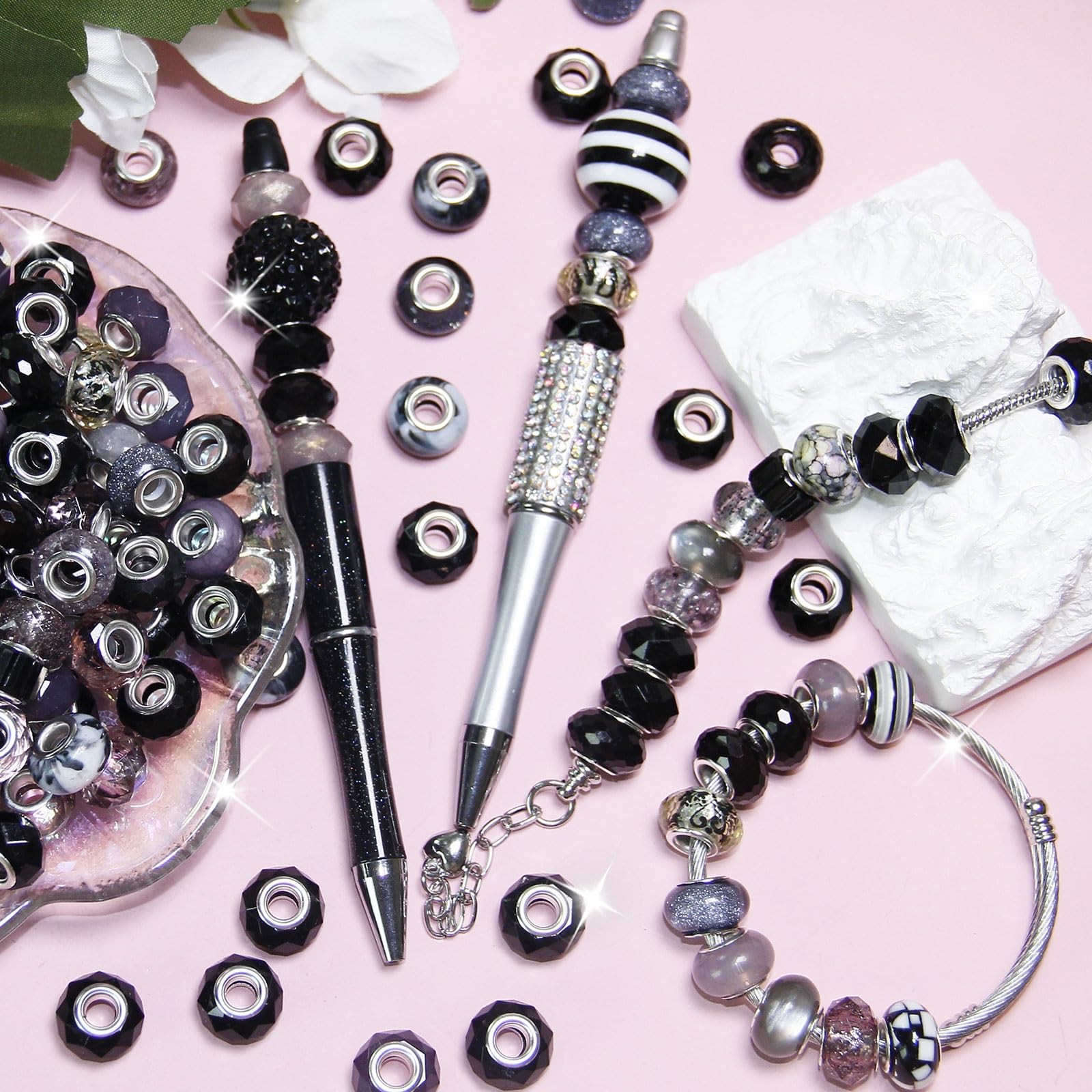 100 Pieces Large Hole Beads, Assorted European Craft Beads 100pcs, Black