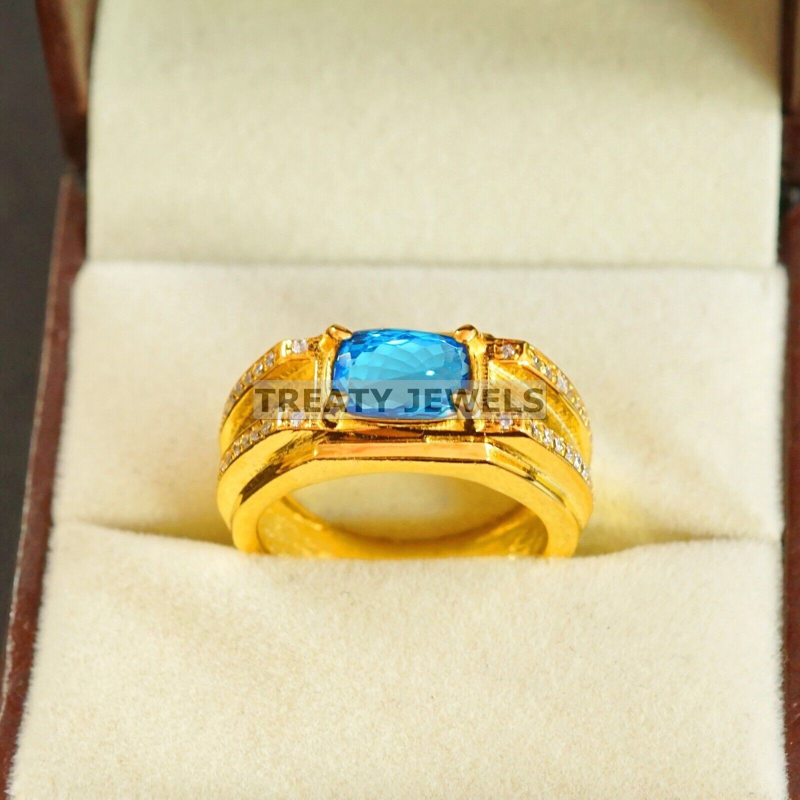 Blue Topaz Oval Cut With 14k Yellow Gold Ring For Men’s #A871 #