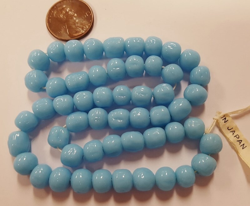 50 VINTAGE JAPAN CHERRY BRAND GLASS LIGHT BLUE TURQUOISE 8mm BAROQUE BEADS 4639T