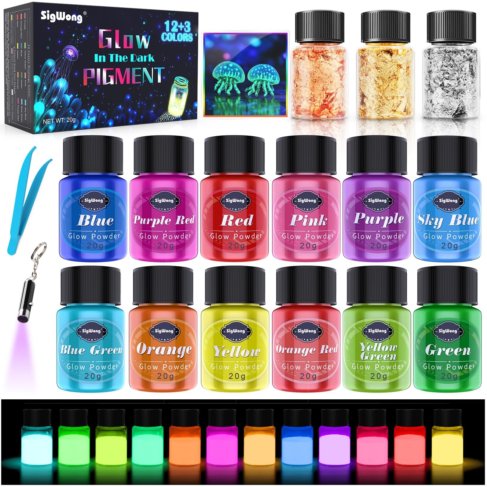 Glow in The Dark Pigment Powder – 12 Colors Luminous Powder 20g/0.7oz and 3 C…