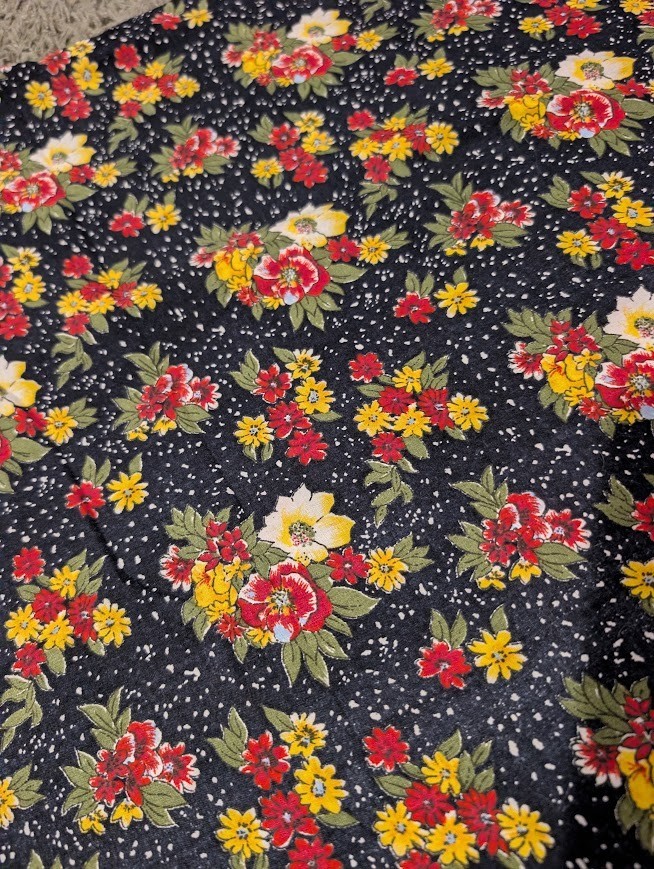Vintage Fabric Black Background Red and Yellow Flowers 1 yard Cotton