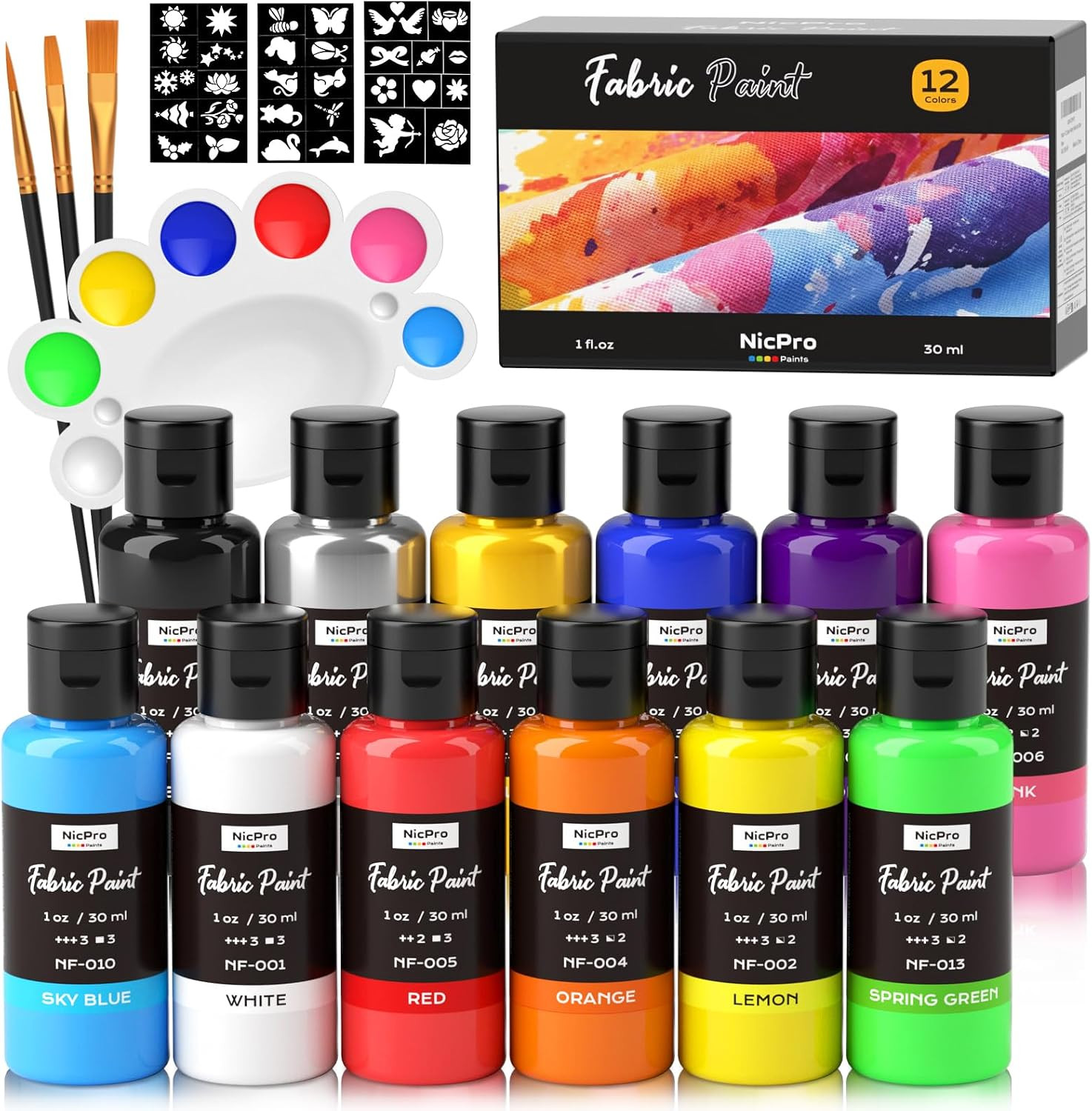 12 Colors Fabric Paint (1Oz/30Ml) with Brushes, Palette, Stencils | Permanent So