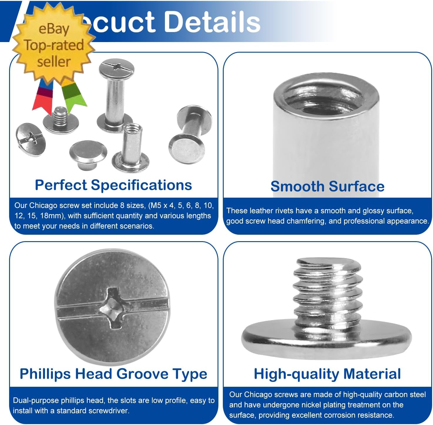 130 Sets Silver Chicago Screws Leather Rivets Kit, 8 Sizes Carbon Steel Binding