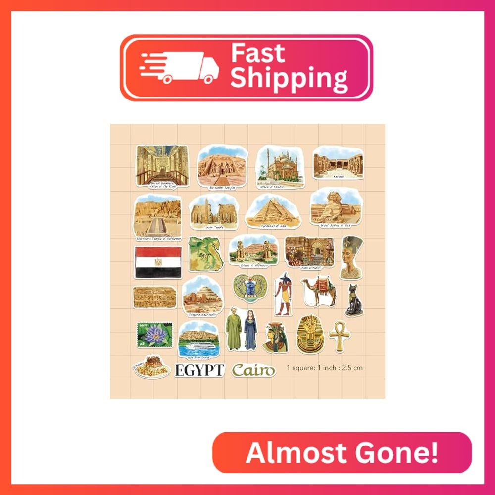 Navy Peony Ancient Egypt Travel Stickers (28pcs) – Hand-Illustrated, Desert, Egy