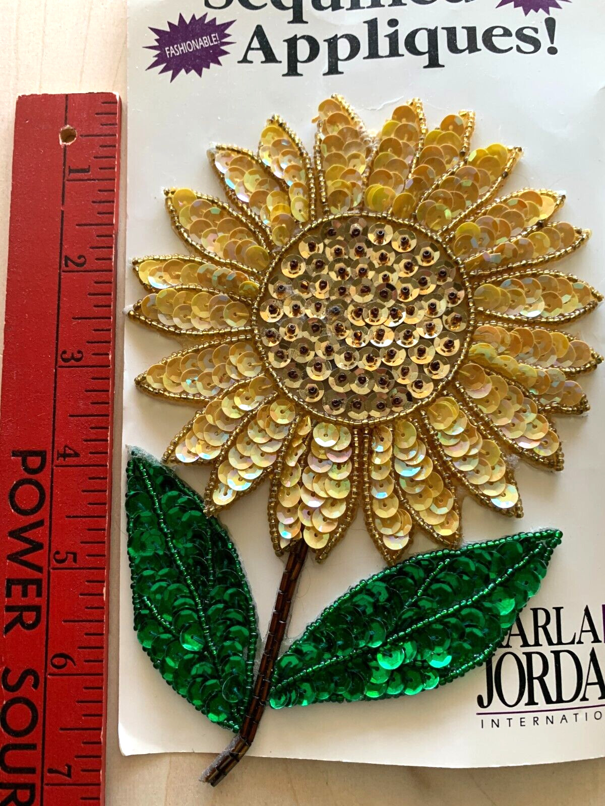 Sunflower Sequined Applique NIP Adhesive Karla Jordan 7″ Yellow Green