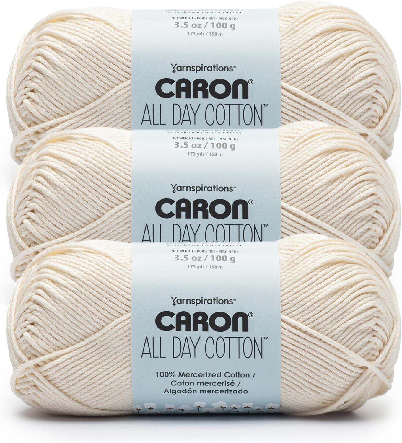 All Day Cotton – 3 Pack of 173 Yards/3.52 Oz Cream 100% Mercerized Cotton Yarn