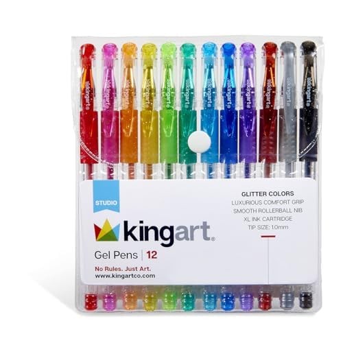 KINGART Glitter Rollerball Gel 12 Count (Pack of 1), Assorted Colors
