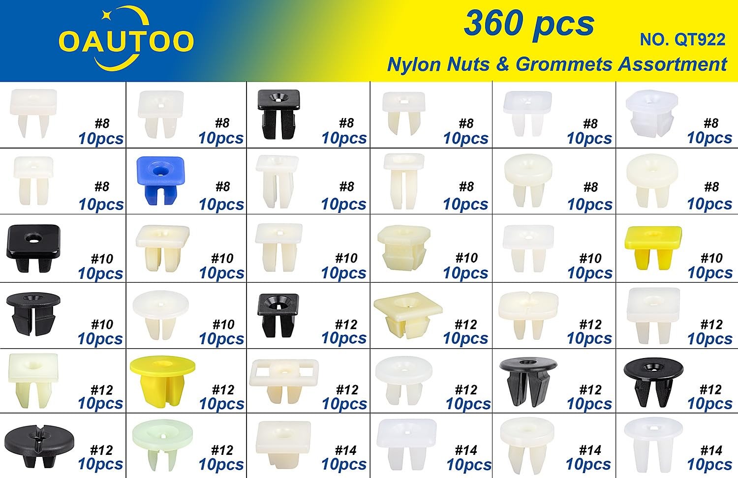 OAUTOO 360pcs Nylon Grommet Nut Assortment for Automotive 1/4-20, Multi-Color
