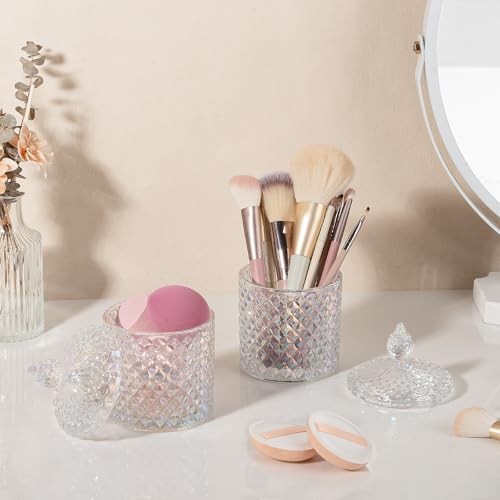 2 Pack Qtip Holder Apothecary Jars with Lid, Thick 10 oz (2 pack) Iridescent