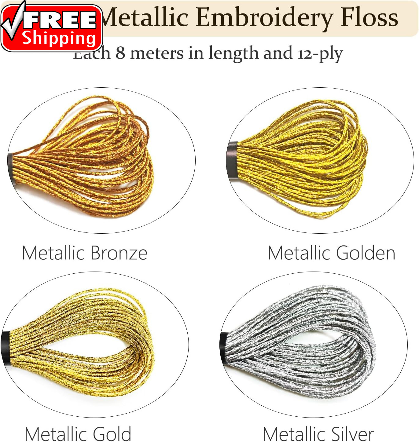 12 Skeins Metallic Embroidery Floss, Gold and Silver Embroidery Thread, Multi-Pu