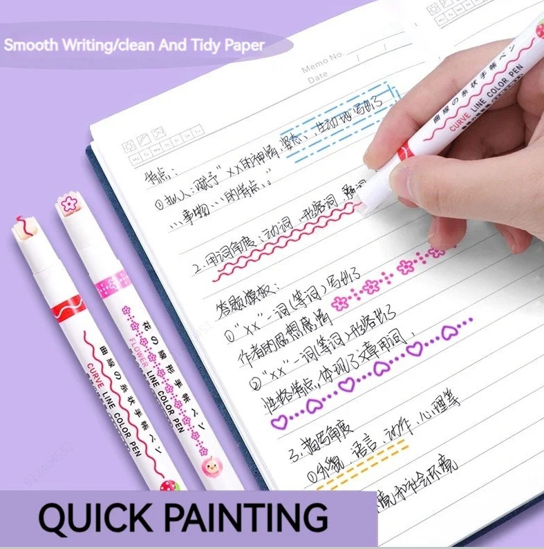 6pcs Flower Line Highlighter Set Roller Tip Curve Marker Kawaii Stationery – NEW