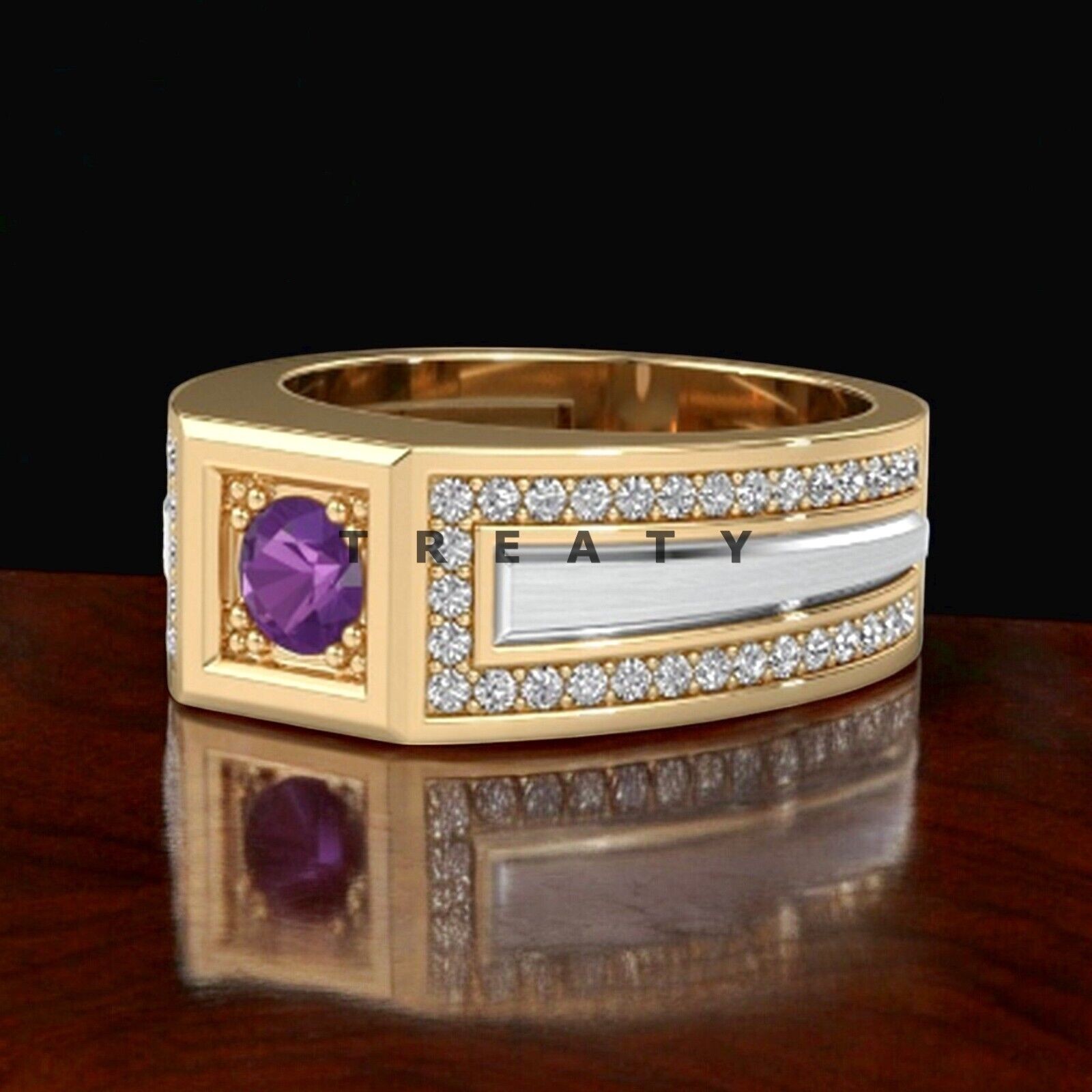 Amethyst Round Cut With 14k Yellow Gold Ring For Men’s #451 #