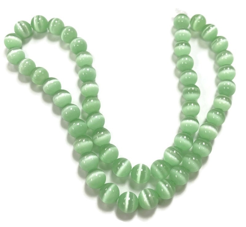 50 Cat’s Eye Fiber Optic Glass Erinite Green 8mm. Smooth Round Beads 2585