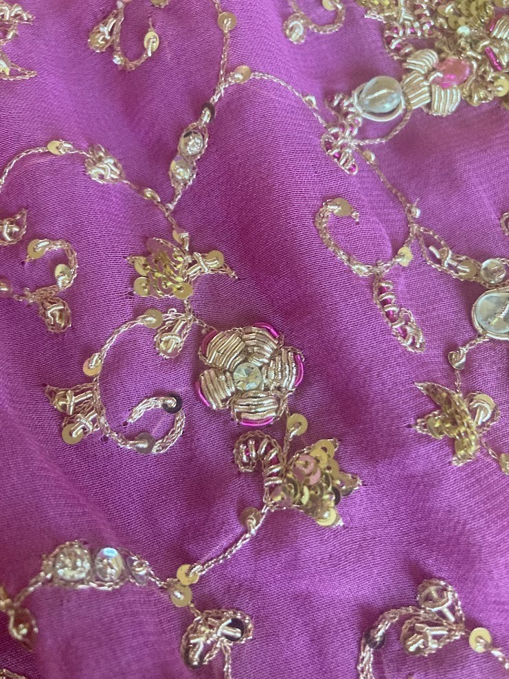 Vintage Indian Orchid Lavender Scarf Zardozi Gold Sequin Kundan Dupatta 100×44