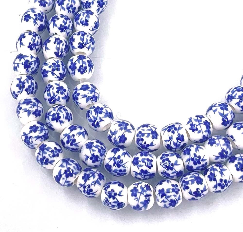 6mm Floral Blue White Porcelain decals Round Beads (30)