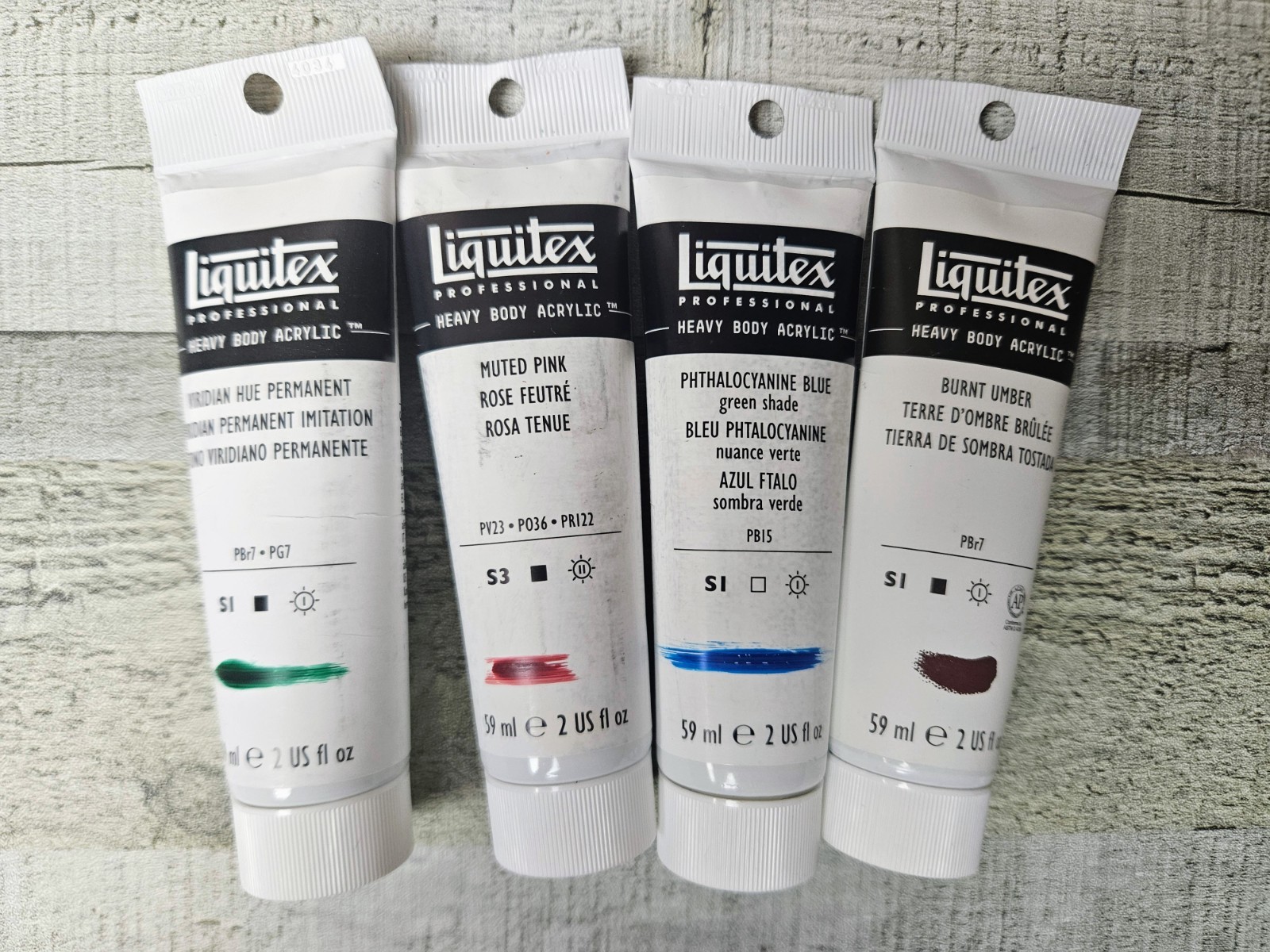 4 Liquitex Heavy Body Acrylic Paint Muted Pink Viridian Umber Phthalocyanine Blu